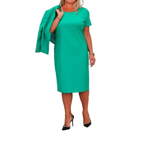 Žalias moteriškas kostiumas (suknelė + švarkas)