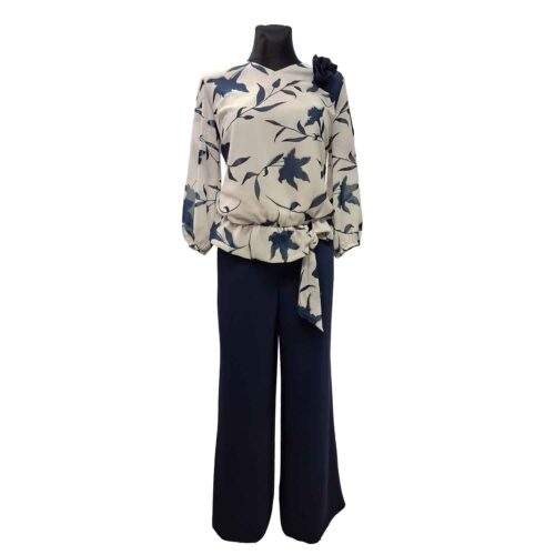 Tamsiai mėlynas elegantiškas kostiumėlis su gėlėta palaidine Collection sorotan