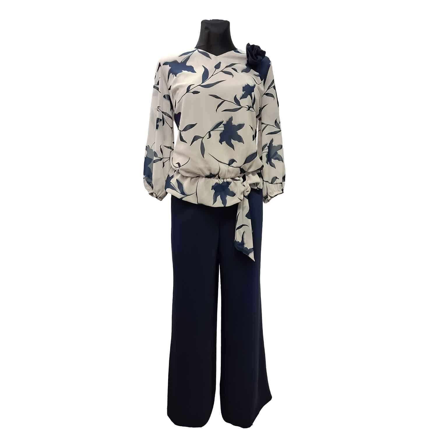 Tamsiai mėlynas elegantiškas kostiumėlis su gėlėta palaidine Collection sorotan