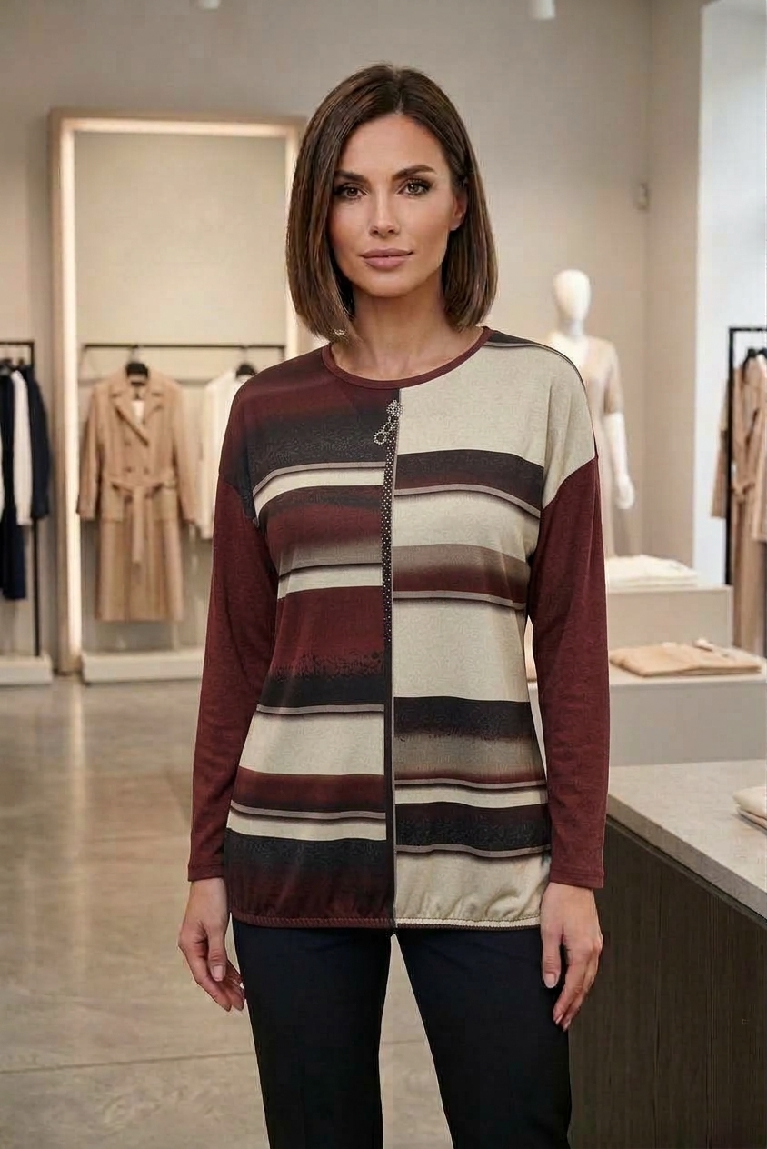 Bordo ir smėlio spalvų dryžuota palaidinė su asimetrišku dizainu bei blizgiu akcentu Top Model - Image 5