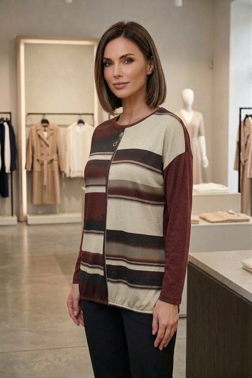 Bordo ir smėlio spalvų dryžuota palaidinė su asimetrišku dizainu bei blizgiu akcentu Top Model - Image 4