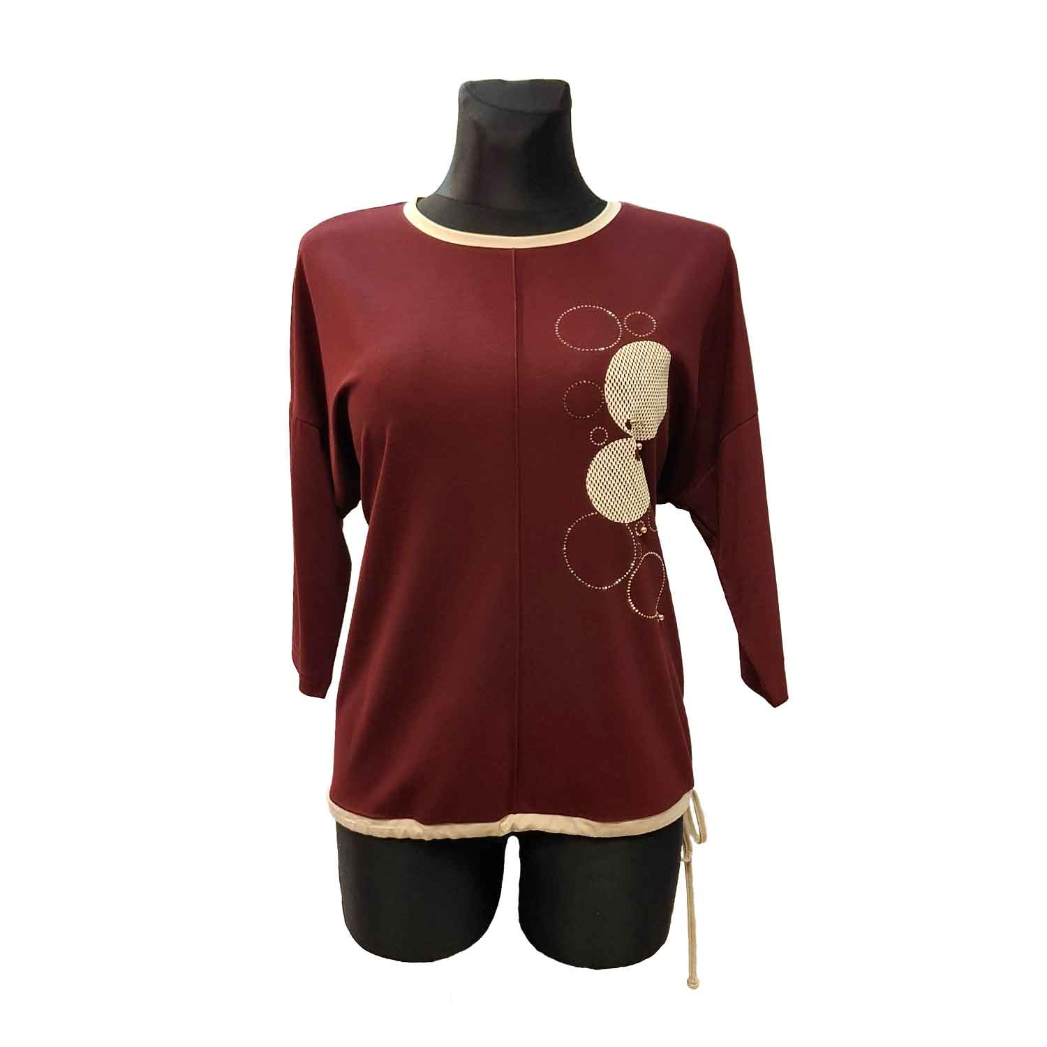 Bordo spalvos palaidinė su smėlio spalvos apvadais ir apskritimų dekoru Magmara - Image 5