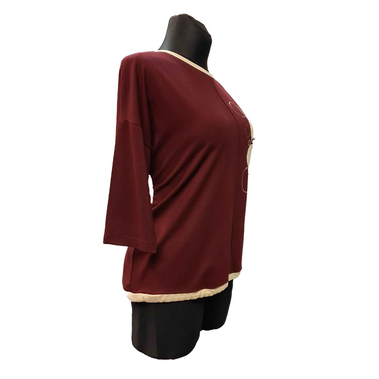 Bordo spalvos palaidinė su smėlio spalvos apvadais ir apskritimų dekoru Magmara - Image 3