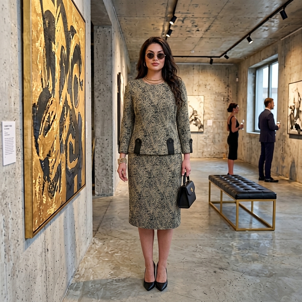 Elegantiška smėlio ir juodos spalvų turkiško rašto suknelė su dekoratyvinėmis kišenių detalėmis Magdalena - Image 2