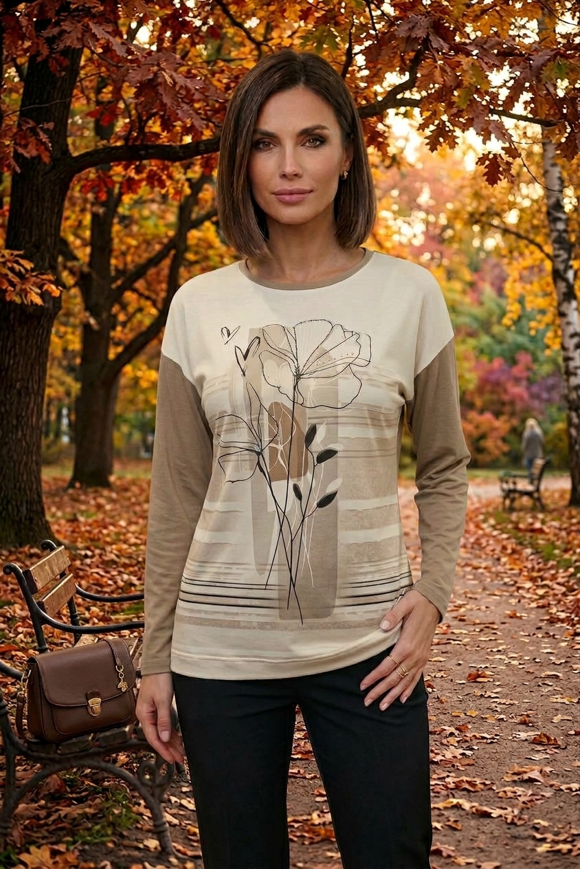 Šviesi smėlio ir kapučino spalvų palaidinė su gėlių bei grafiniu raštu Top Model - Image 6