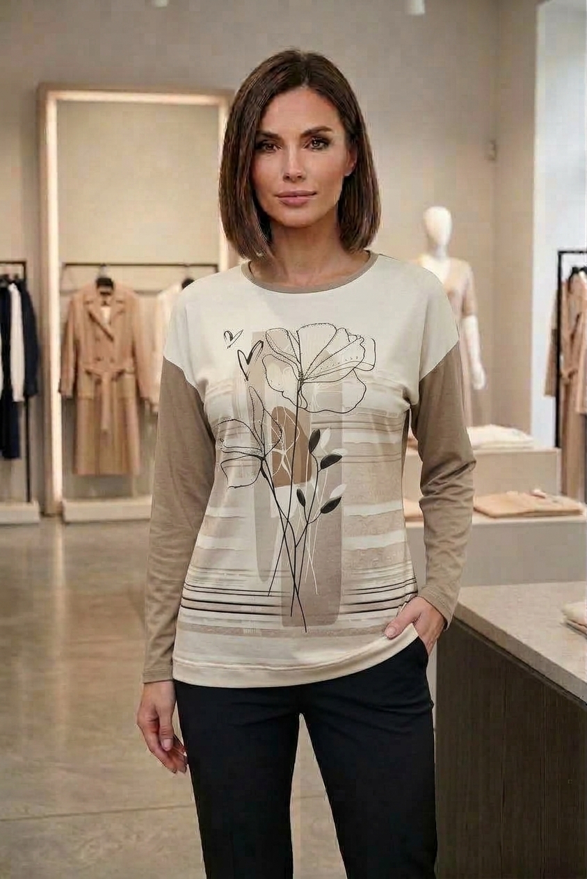 Šviesi smėlio ir kapučino spalvų palaidinė su gėlių bei grafiniu raštu Top Model - Image 4